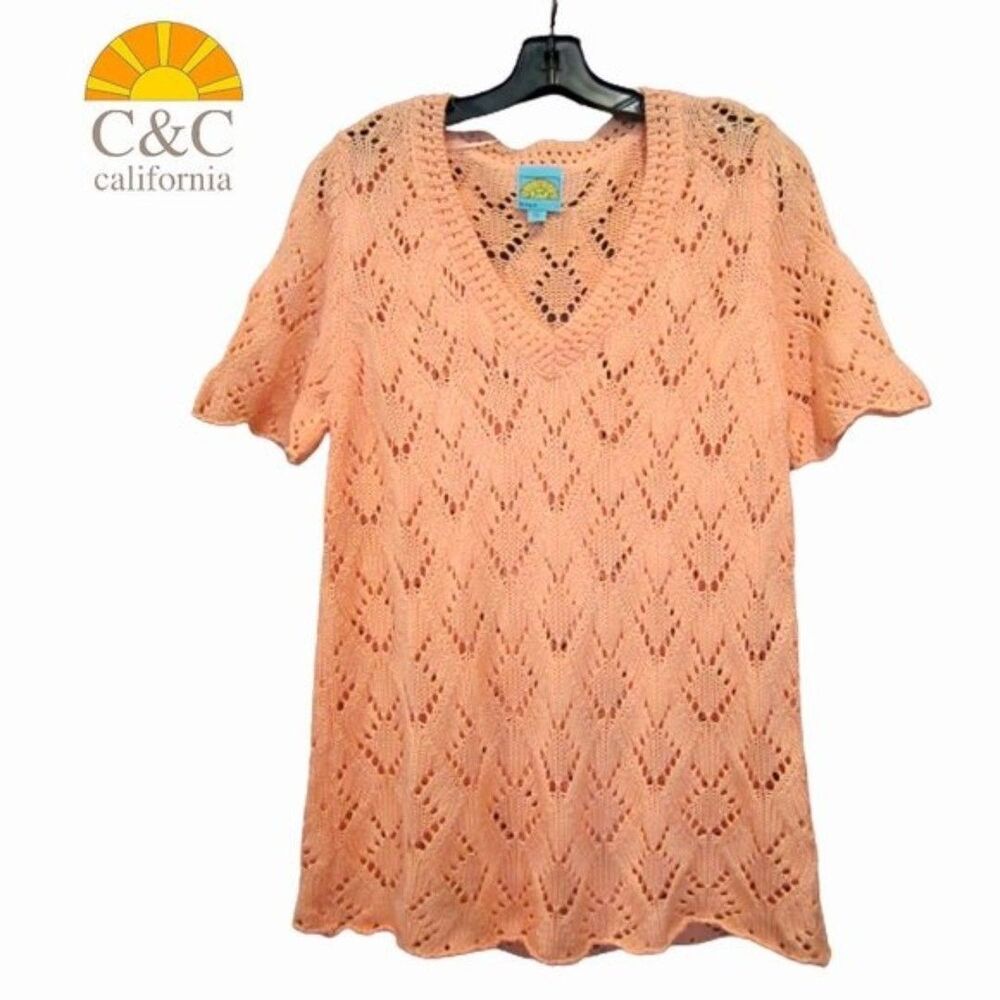 C&C California Top Small Peach Crochet V-Neck Open Knit Lightweight NWT